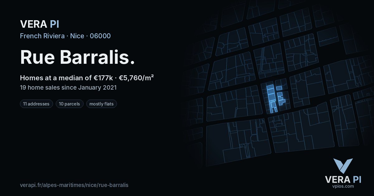Rue Barralis, Nice at night – every parcel coloured by the prices around it, the street's own parcels lit