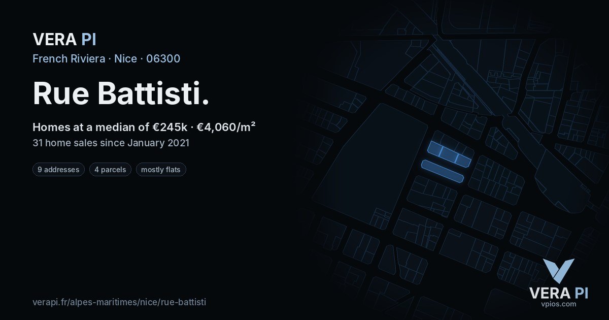 Rue Battisti, Nice at night – every parcel coloured by the prices around it, the street's own parcels lit