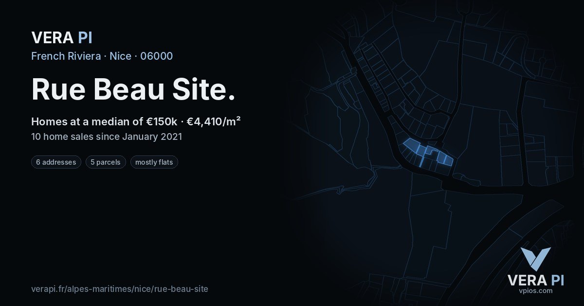 Rue Beau Site, Nice at night – every parcel coloured by the prices around it, the street's own parcels lit