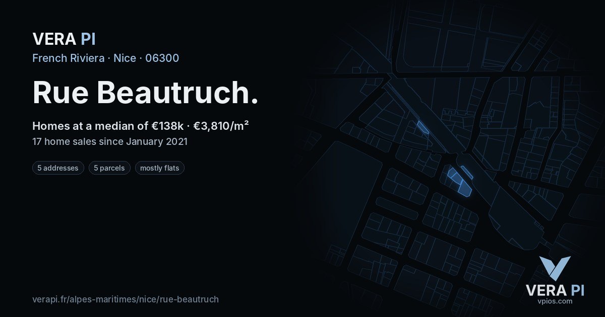 Rue Beautruch, Nice at night – every parcel coloured by the prices around it, the street's own parcels lit