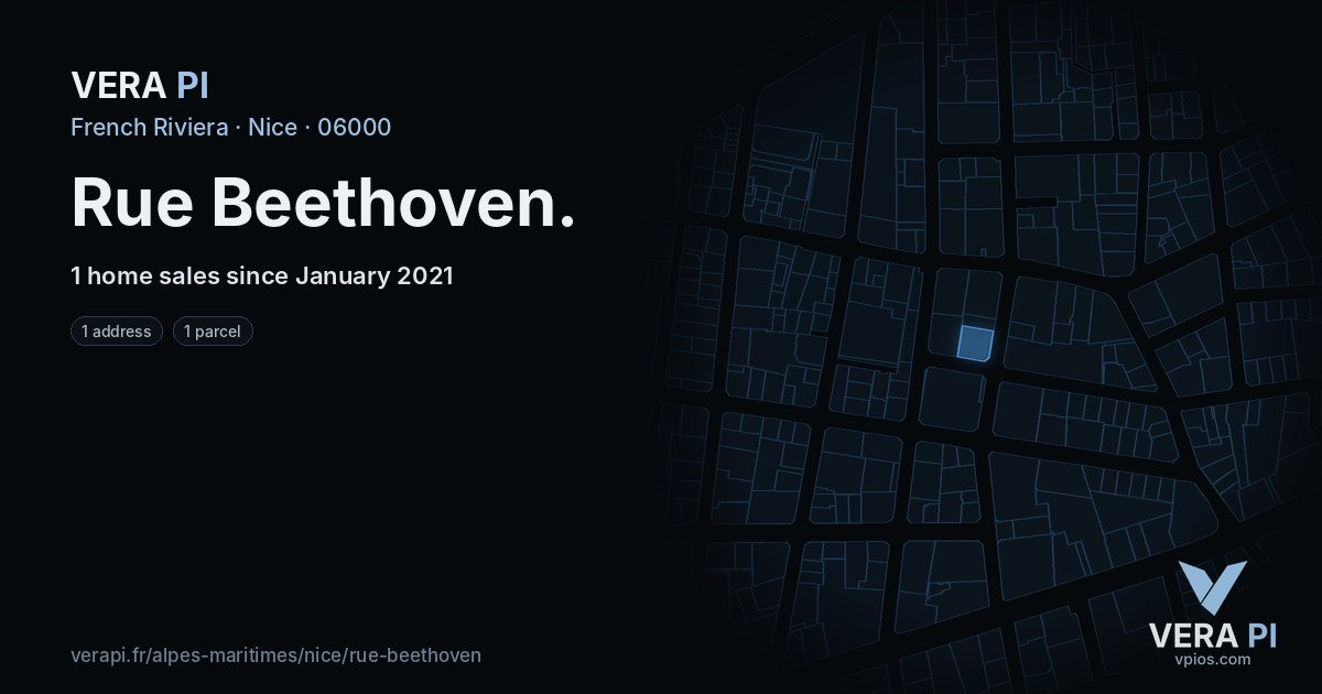 Rue Beethoven, Nice at night – every parcel coloured by the prices around it, the street's own parcels lit