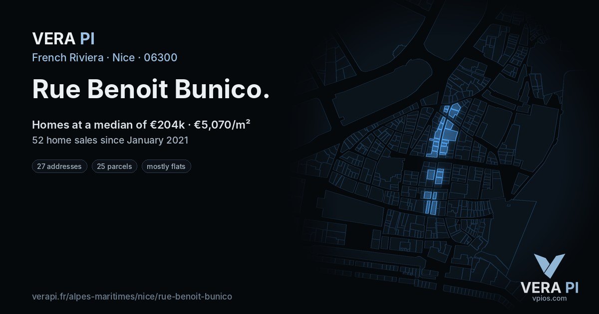 Rue Benoit Bunico, Nice at night – every parcel coloured by the prices around it, the street's own parcels lit