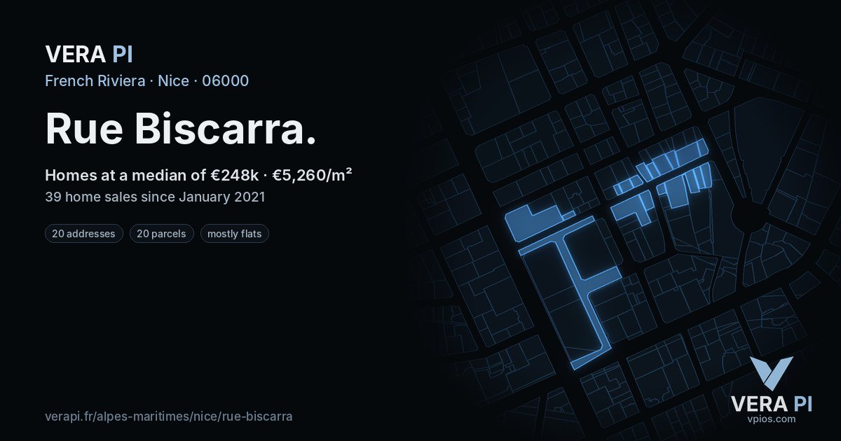 Rue Biscarra, Nice at night – every parcel coloured by the prices around it, the street's own parcels lit