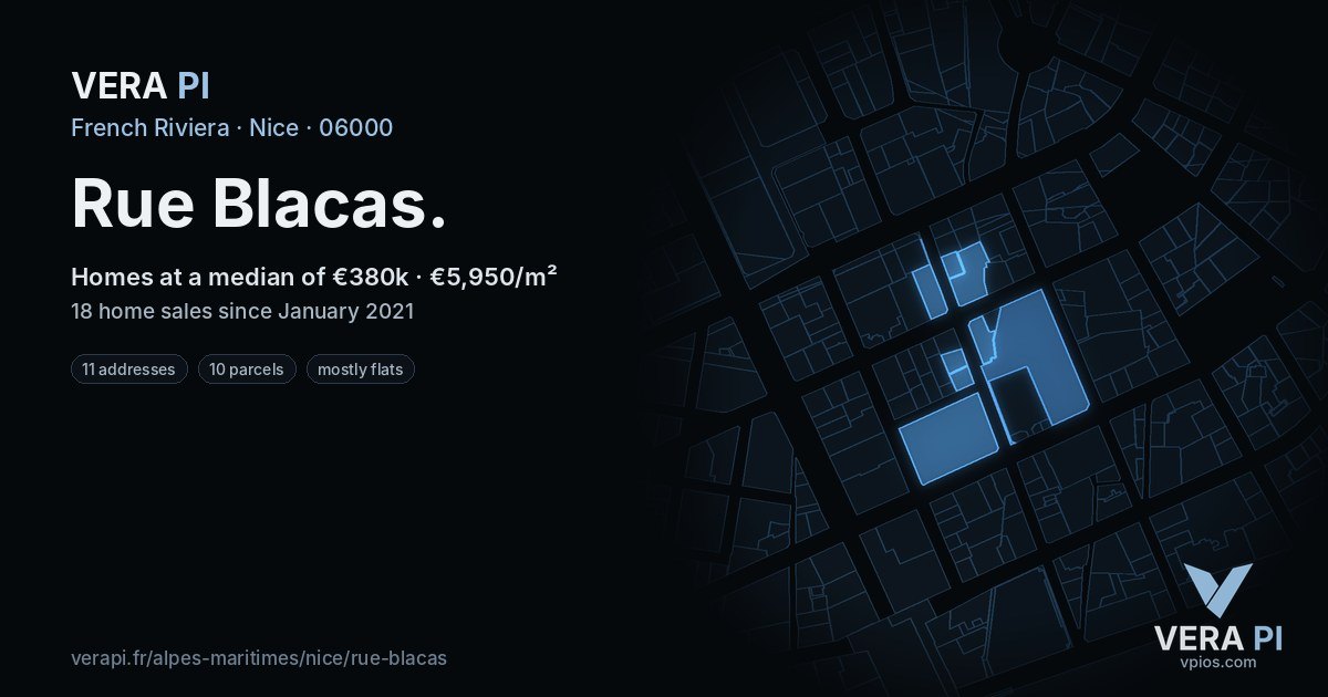 Rue Blacas, Nice at night – every parcel coloured by the prices around it, the street's own parcels lit
