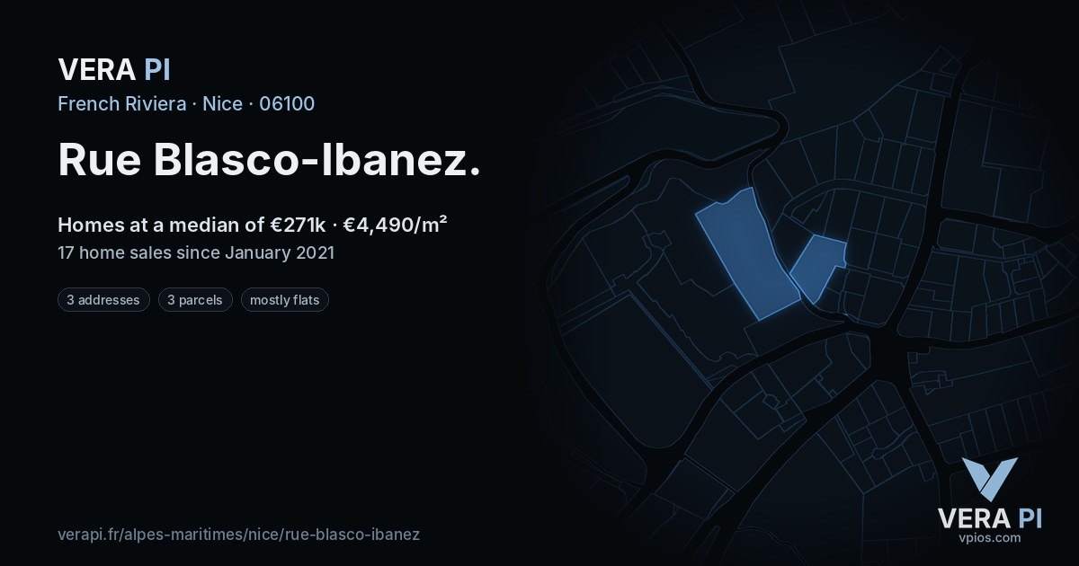 Rue Blasco-Ibanez, Nice at night – every parcel coloured by the prices around it, the street's own parcels lit