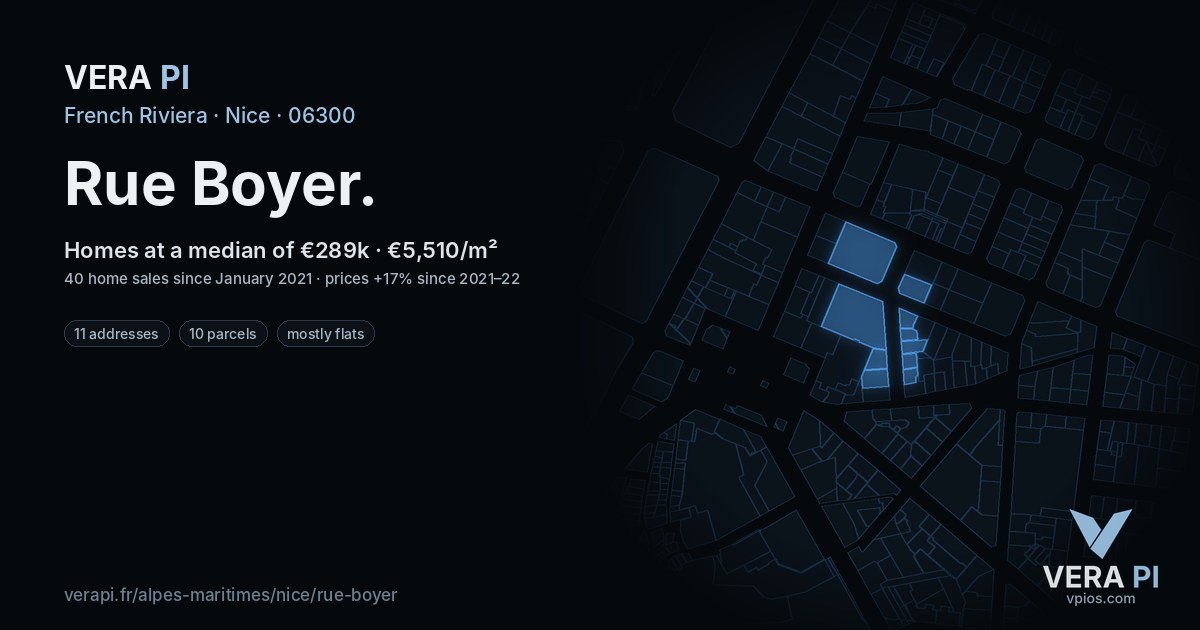 Rue Boyer, Nice at night – every parcel coloured by the prices around it, the street's own parcels lit
