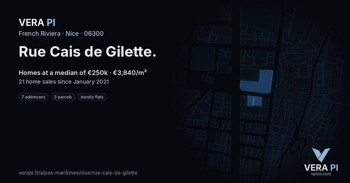 Rue Cais de Gilette, Nice at night – every parcel coloured by the prices around it, the street's own parcels lit