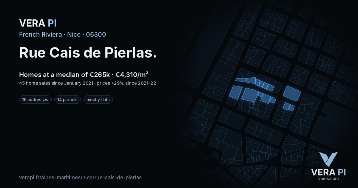 Rue Cais de Pierlas, Nice at night – every parcel coloured by the prices around it, the street's own parcels lit