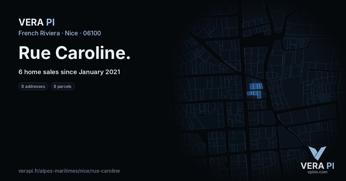 Rue Caroline, Nice at night – every parcel coloured by the prices around it, the street's own parcels lit