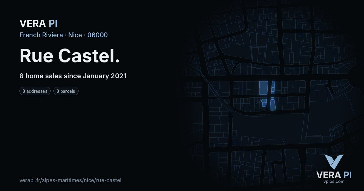Rue Castel, Nice at night – every parcel coloured by the prices around it, the street's own parcels lit