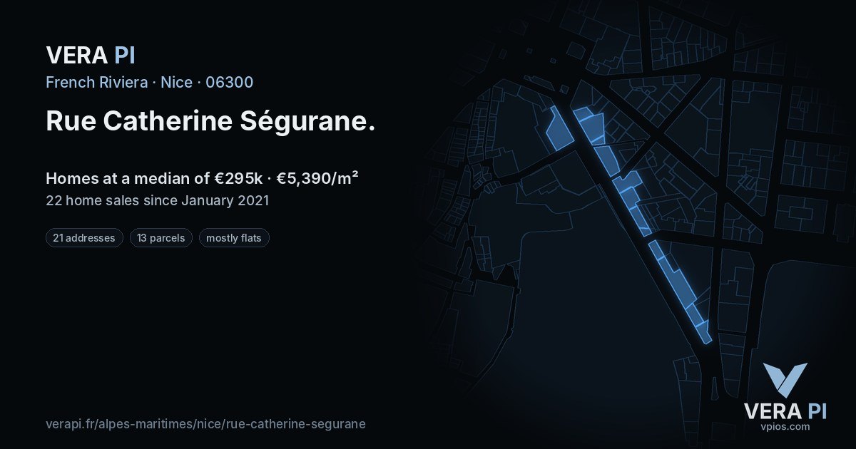 Rue Catherine Ségurane, Nice at night – every parcel coloured by the prices around it, the street's own parcels lit