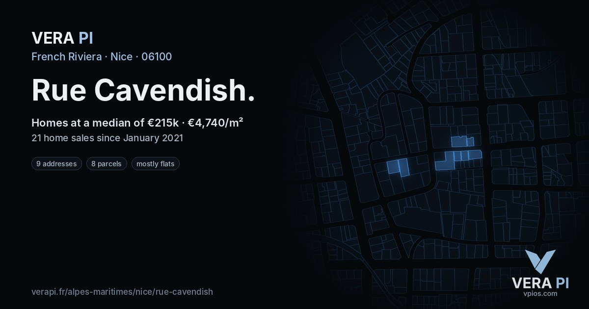 Rue Cavendish, Nice at night – every parcel coloured by the prices around it, the street's own parcels lit