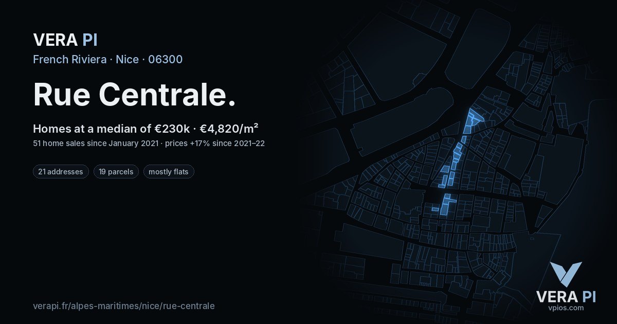 Rue Centrale, Nice at night – every parcel coloured by the prices around it, the street's own parcels lit