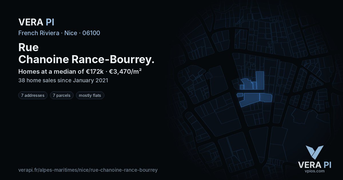 Rue Chanoine Rance-Bourrey, Nice at night – every parcel coloured by the prices around it, the street's own parcels lit