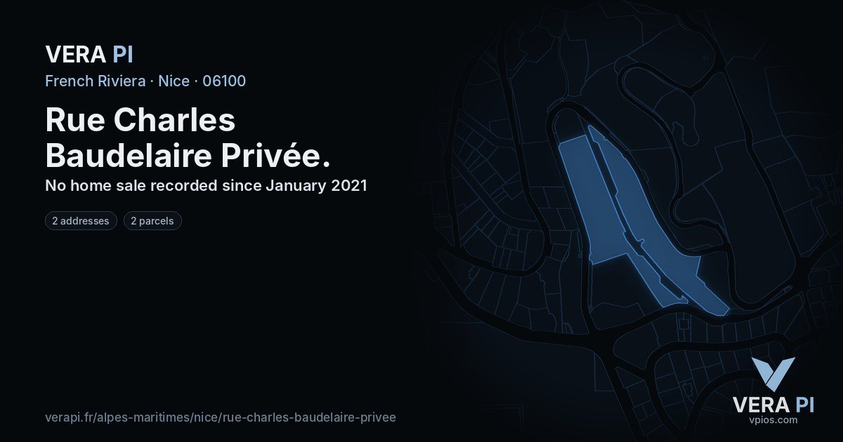 Rue Charles Baudelaire Privée, Nice at night – every parcel coloured by the prices around it, the street's own parcels lit