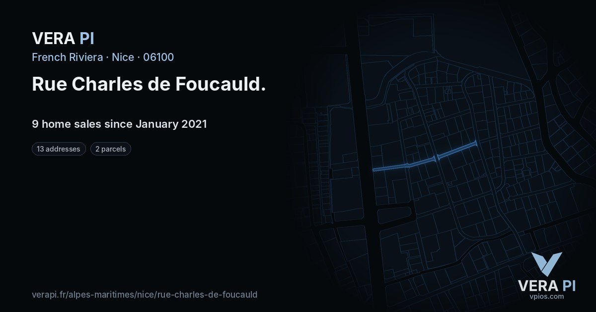 Rue Charles de Foucauld, Nice at night – every parcel coloured by the prices around it, the street's own parcels lit