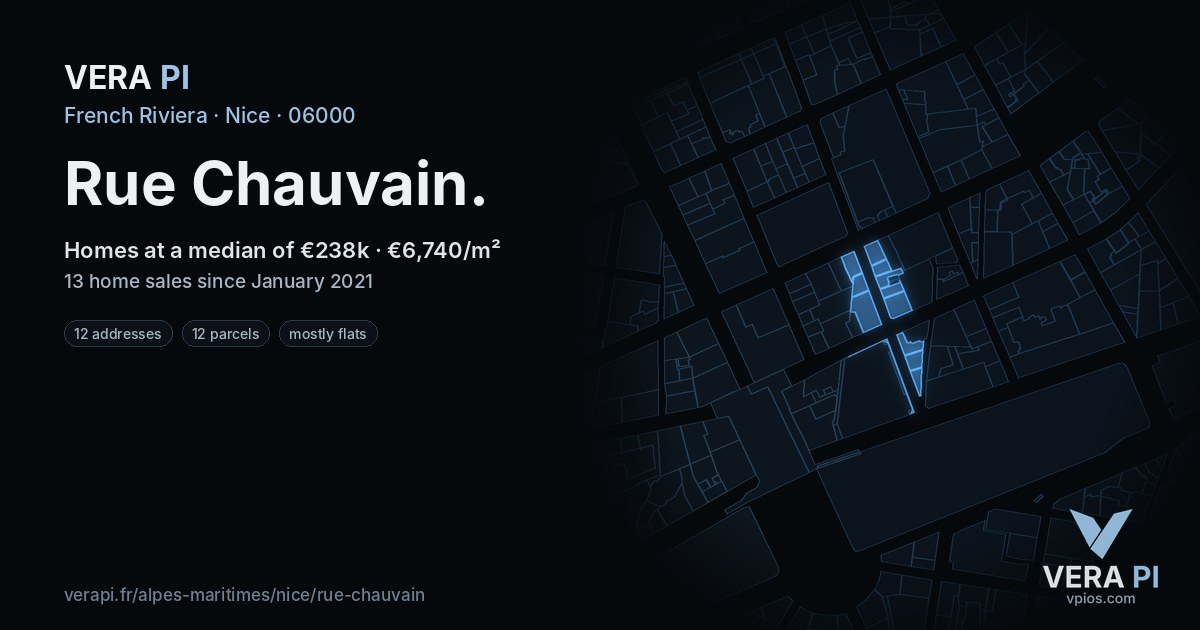 Rue Chauvain, Nice at night – every parcel coloured by the prices around it, the street's own parcels lit