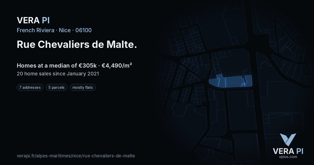 Rue Chevaliers de Malte, Nice at night – every parcel coloured by the prices around it, the street's own parcels lit
