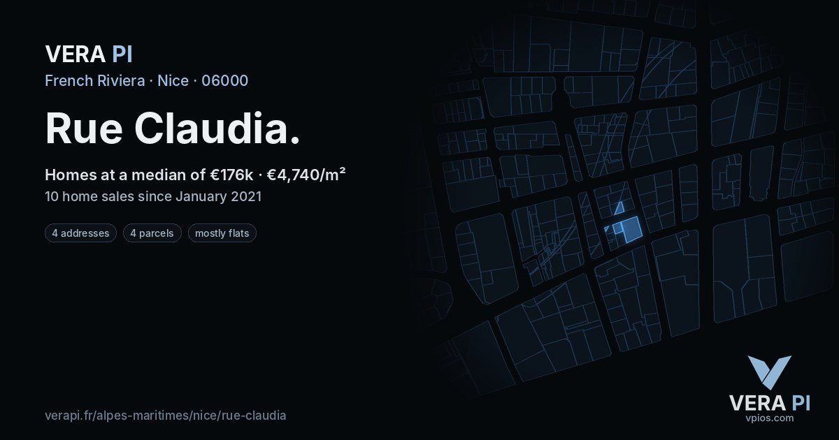 Rue Claudia, Nice at night – every parcel coloured by the prices around it, the street's own parcels lit