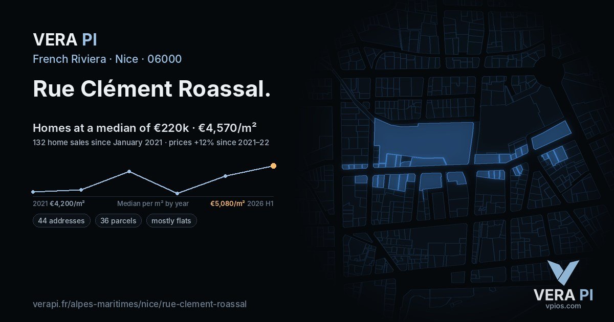 Rue Clément Roassal, Nice at night – every parcel coloured by the prices around it, the street's own parcels lit