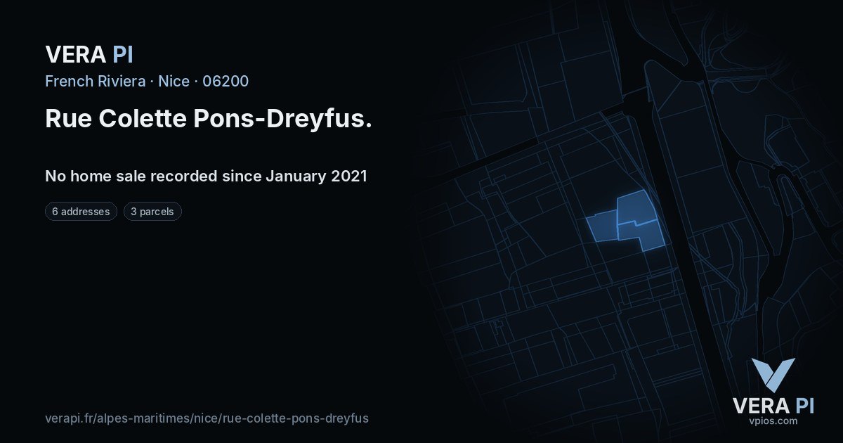 Rue Colette Pons-Dreyfus, Nice at night – every parcel coloured by the prices around it, the street's own parcels lit