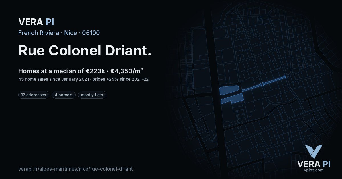 Rue Colonel Driant, Nice at night – every parcel coloured by the prices around it, the street's own parcels lit