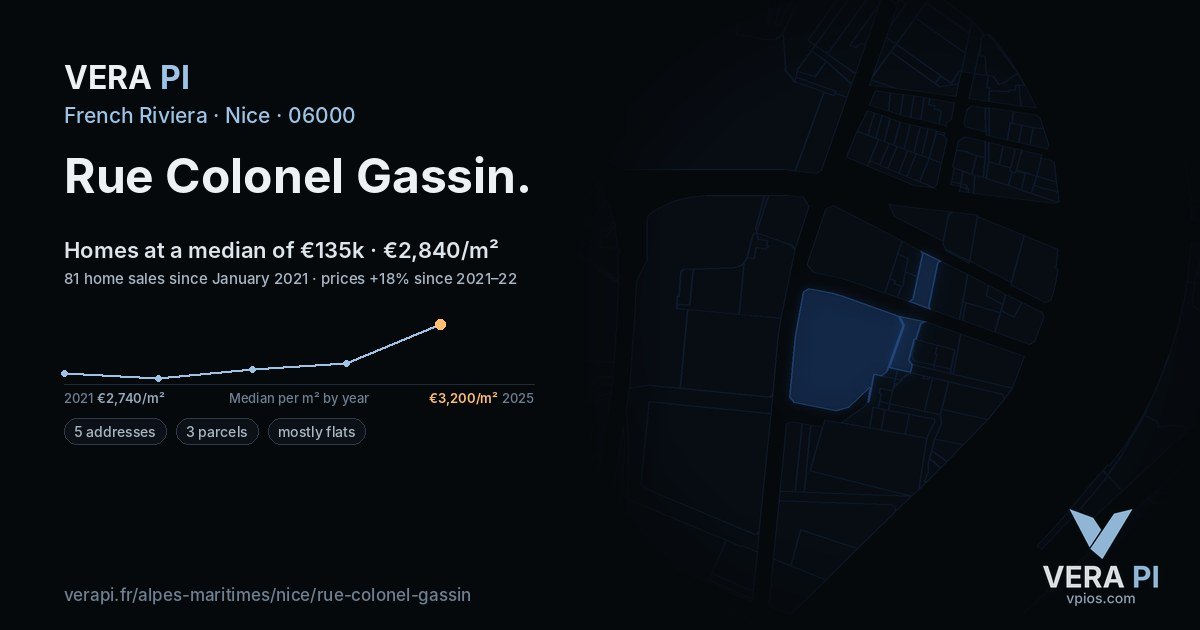 Rue Colonel Gassin, Nice at night – every parcel coloured by the prices around it, the street's own parcels lit
