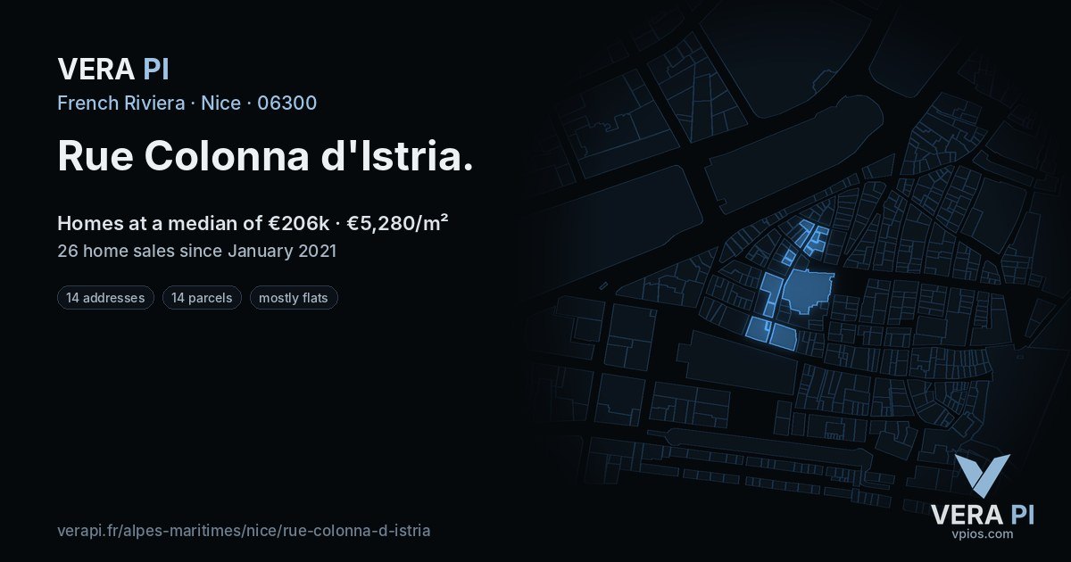 Rue Colonna d'Istria, Nice at night – every parcel coloured by the prices around it, the street's own parcels lit