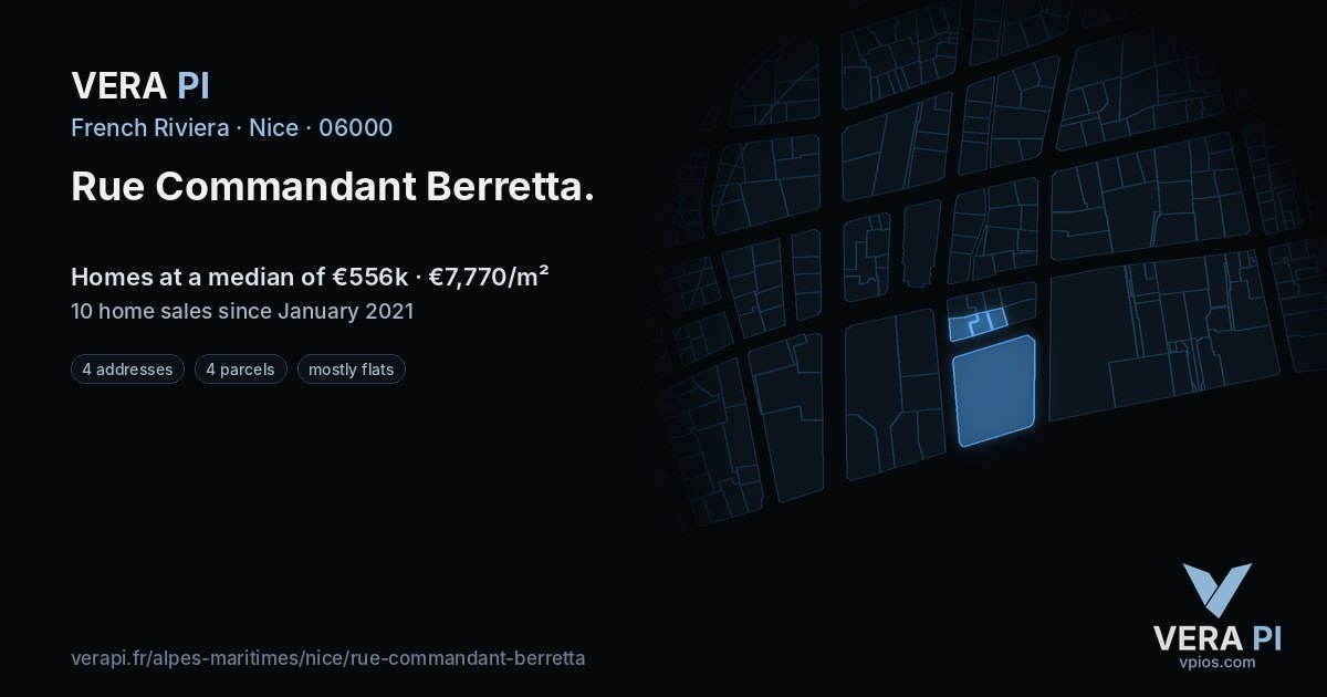 Rue Commandant Berretta, Nice at night – every parcel coloured by the prices around it, the street's own parcels lit