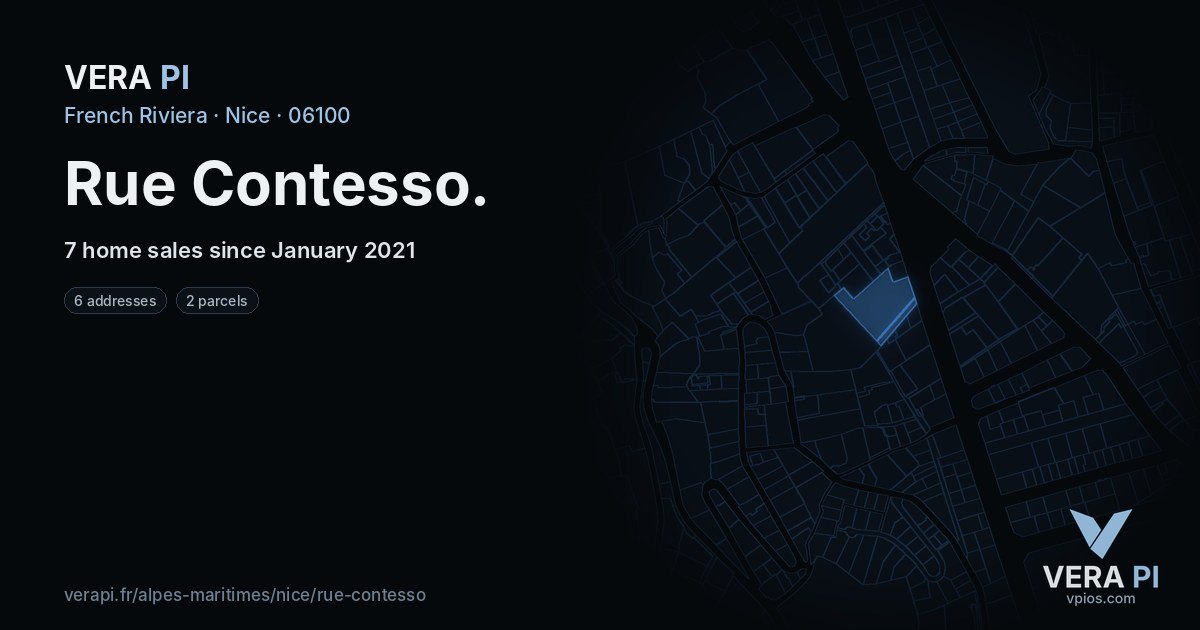 Rue Contesso, Nice at night – every parcel coloured by the prices around it, the street's own parcels lit