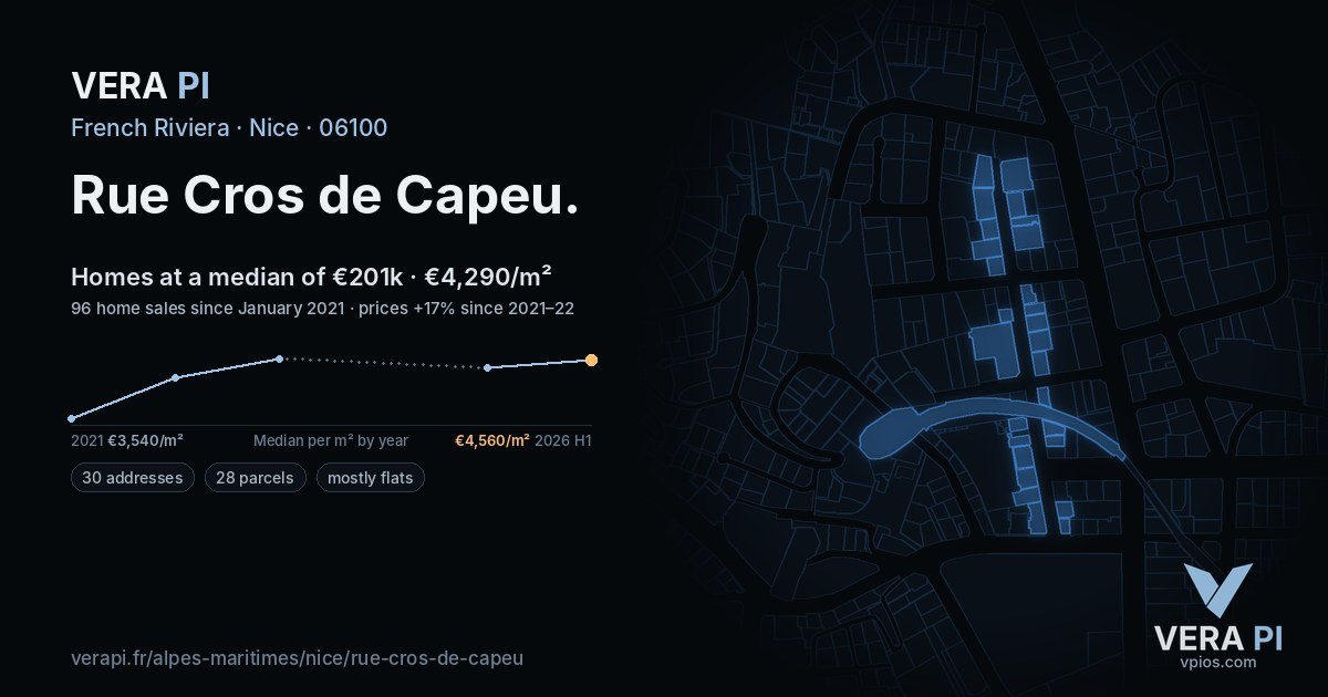 Rue Cros de Capeu, Nice at night – every parcel coloured by the prices around it, the street's own parcels lit