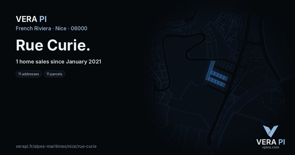 Rue Curie, Nice at night – every parcel coloured by the prices around it, the street's own parcels lit