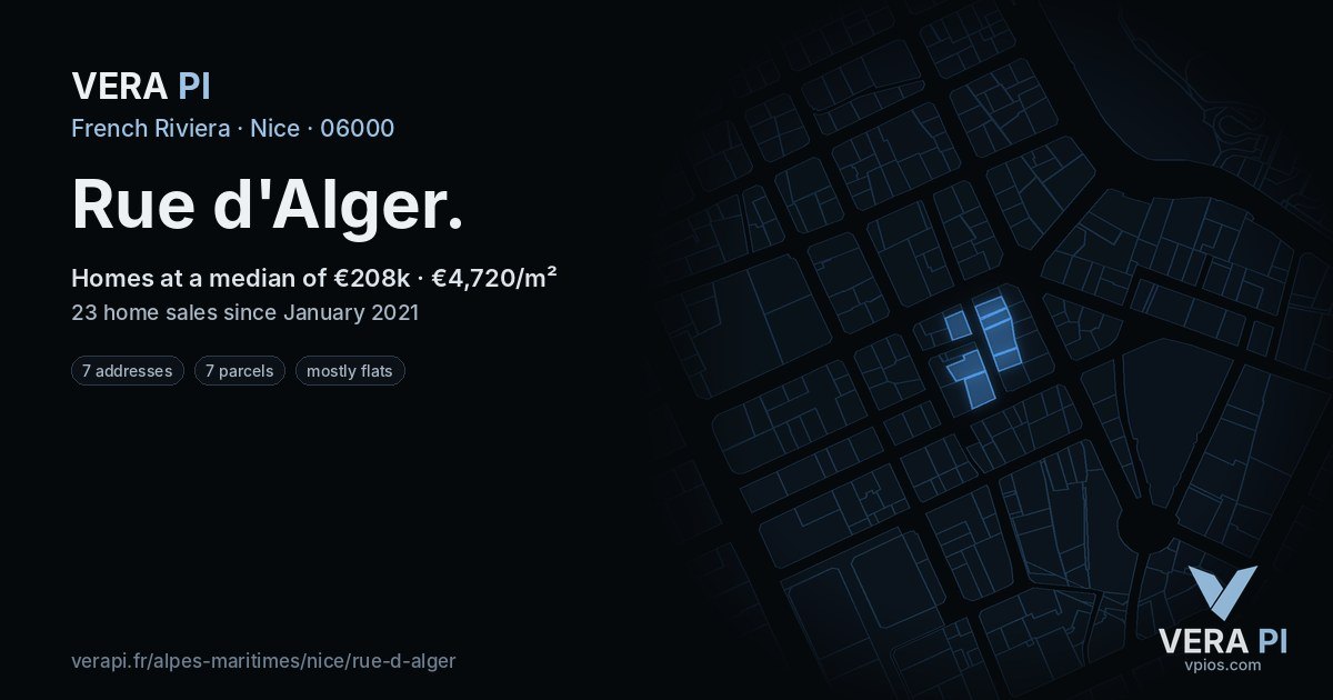 Rue d'Alger, Nice at night – every parcel coloured by the prices around it, the street's own parcels lit
