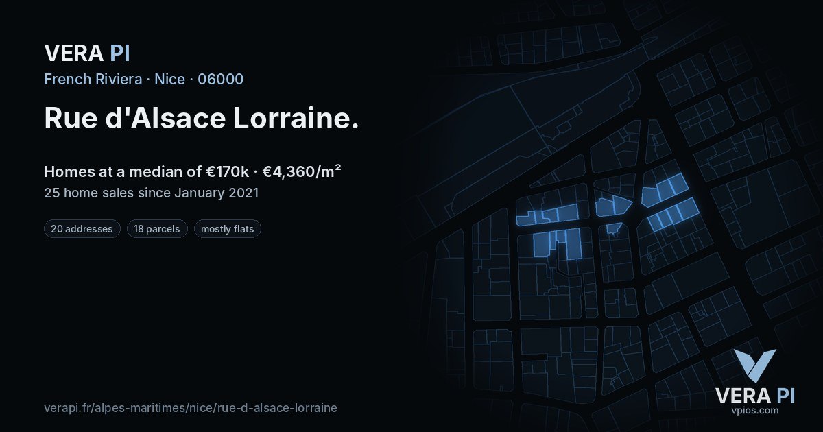 Rue d'Alsace Lorraine, Nice at night – every parcel coloured by the prices around it, the street's own parcels lit