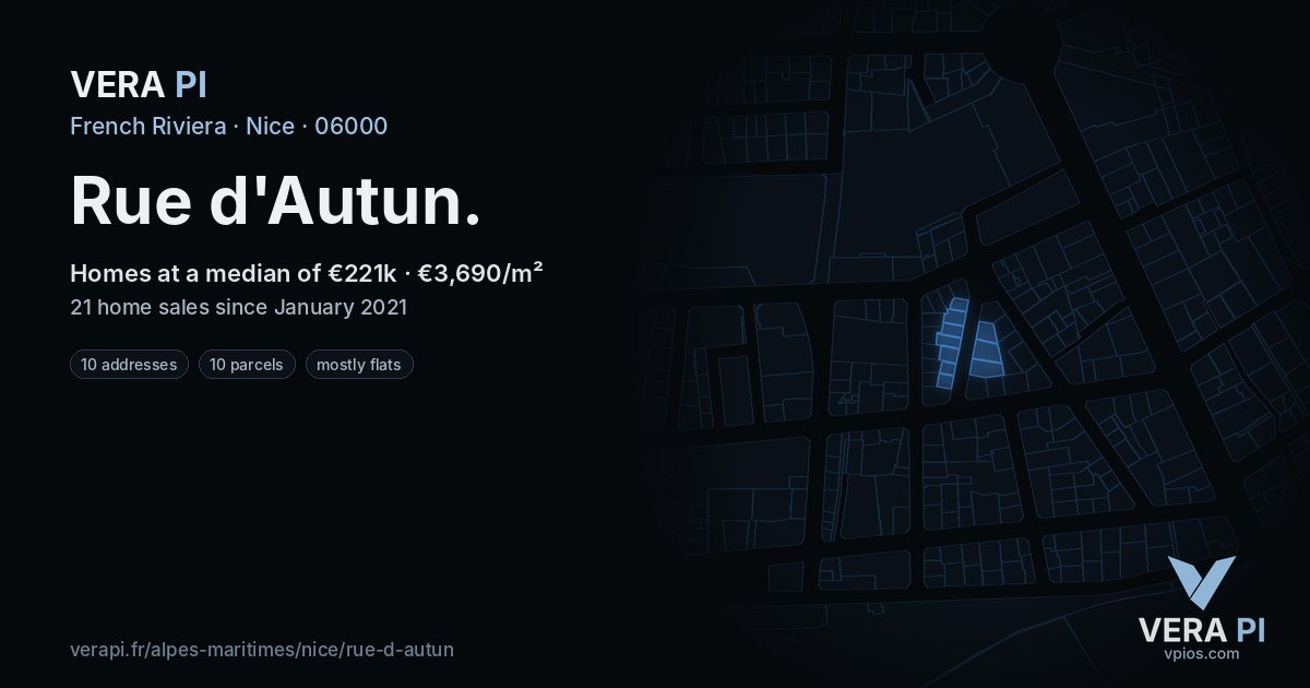Rue d'Autun, Nice at night – every parcel coloured by the prices around it, the street's own parcels lit