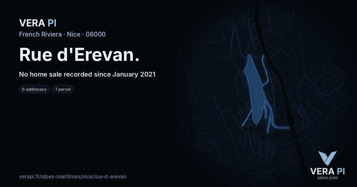 Rue d'Erevan, Nice at night – every parcel coloured by the prices around it, the street's own parcels lit