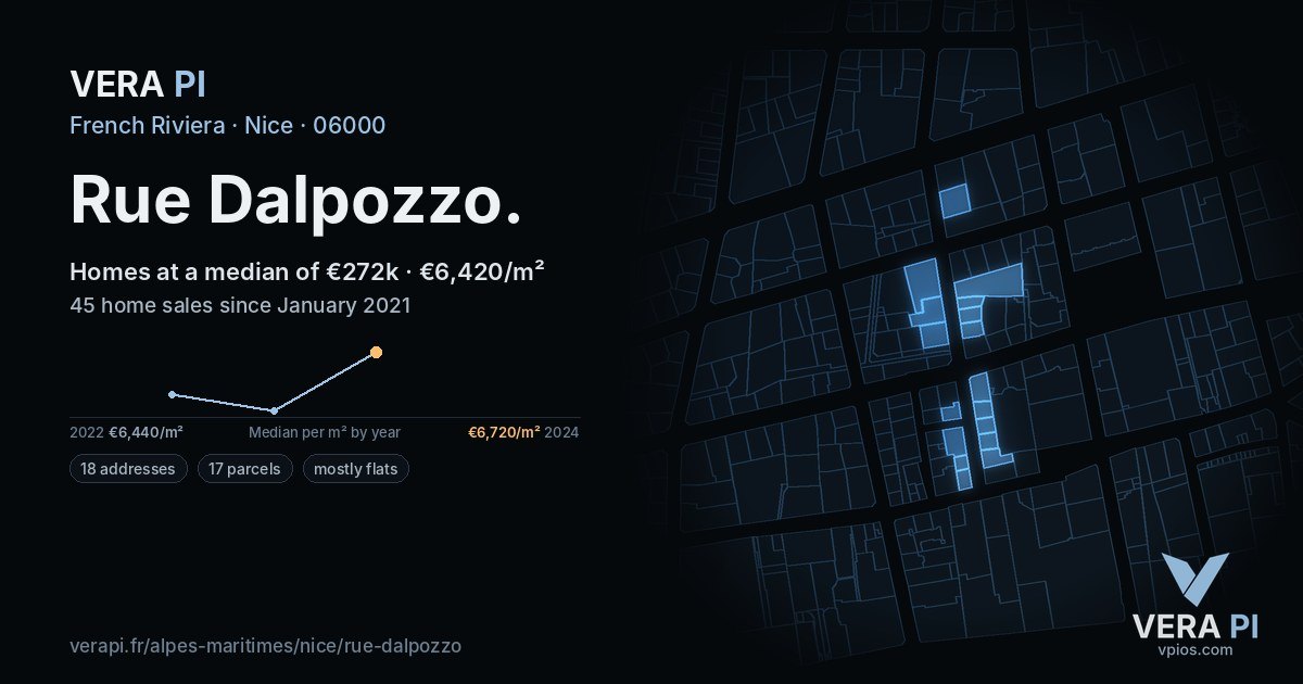 Rue Dalpozzo, Nice at night – every parcel coloured by the prices around it, the street's own parcels lit