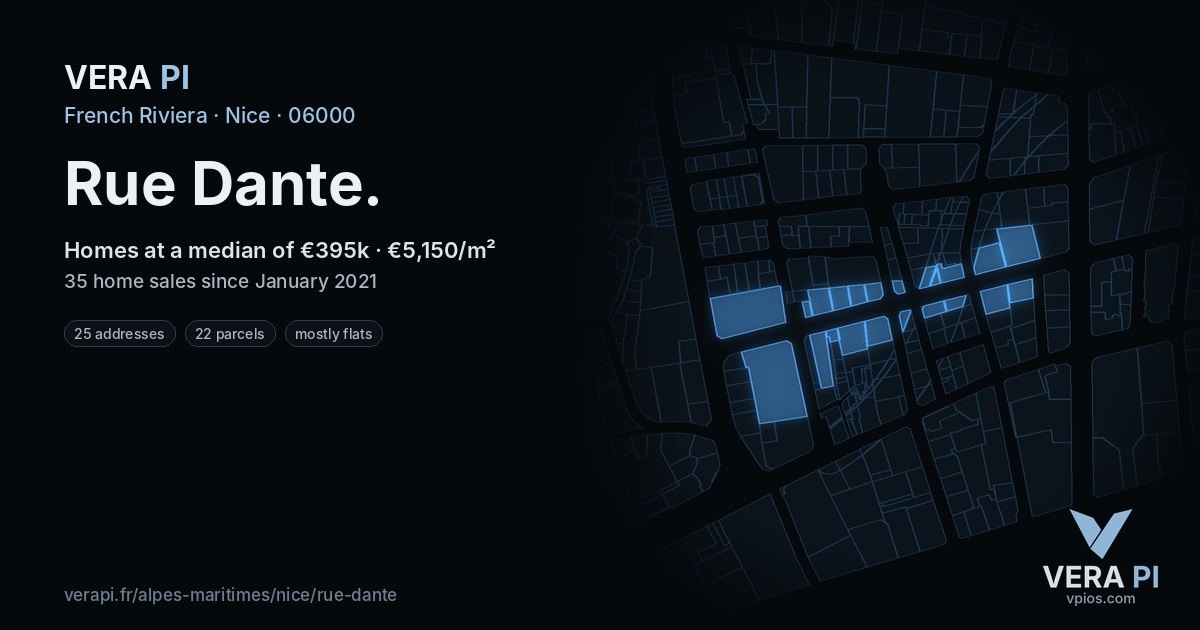 Rue Dante, Nice at night – every parcel coloured by the prices around it, the street's own parcels lit