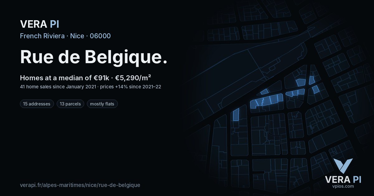 Rue de Belgique, Nice at night – every parcel coloured by the prices around it, the street's own parcels lit