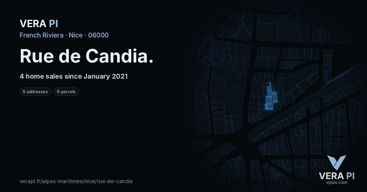Rue de Candia, Nice at night – every parcel coloured by the prices around it, the street's own parcels lit