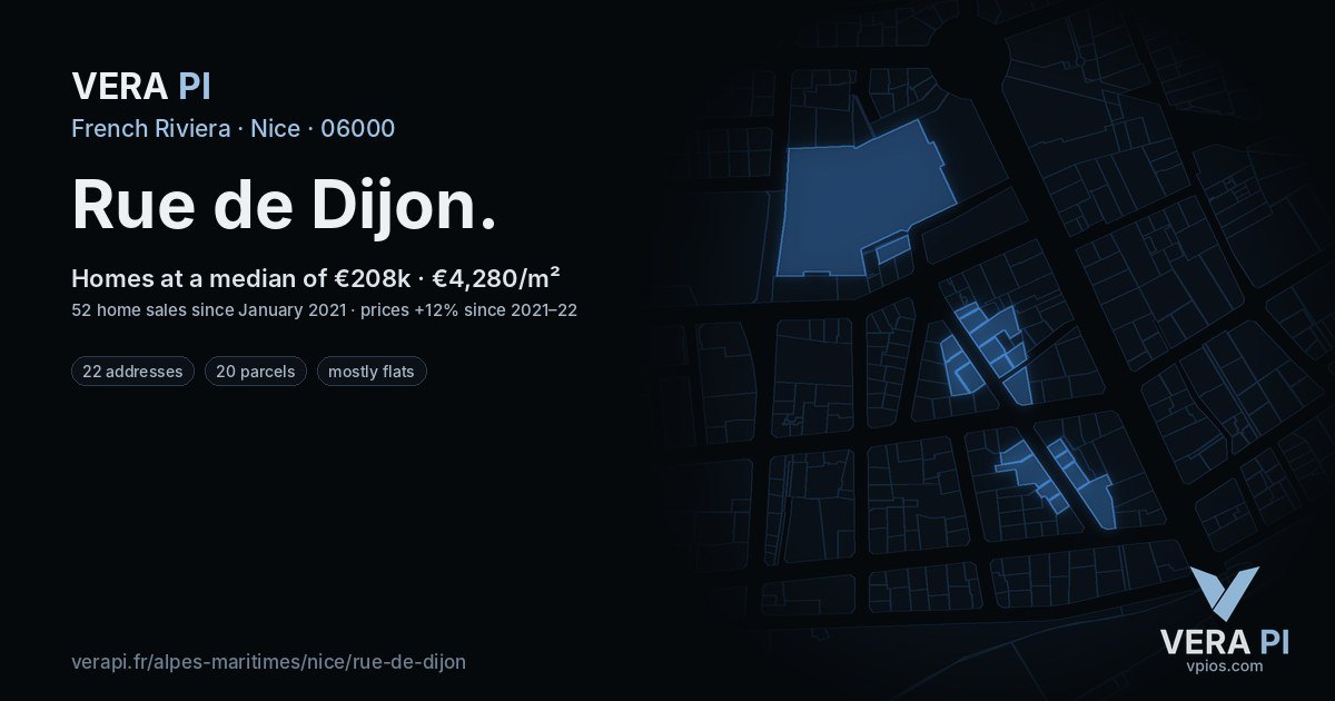 Rue de Dijon, Nice at night – every parcel coloured by the prices around it, the street's own parcels lit