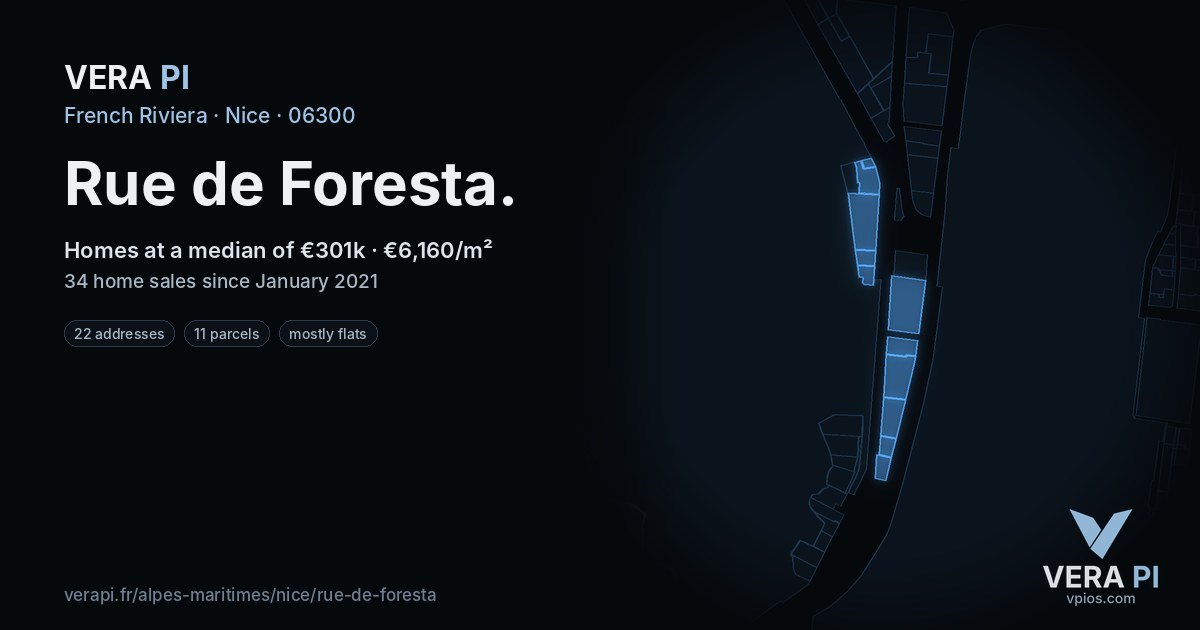 Rue de Foresta, Nice at night – every parcel coloured by the prices around it, the street's own parcels lit