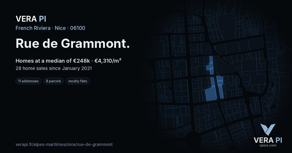 Rue de Grammont, Nice at night – every parcel coloured by the prices around it, the street's own parcels lit