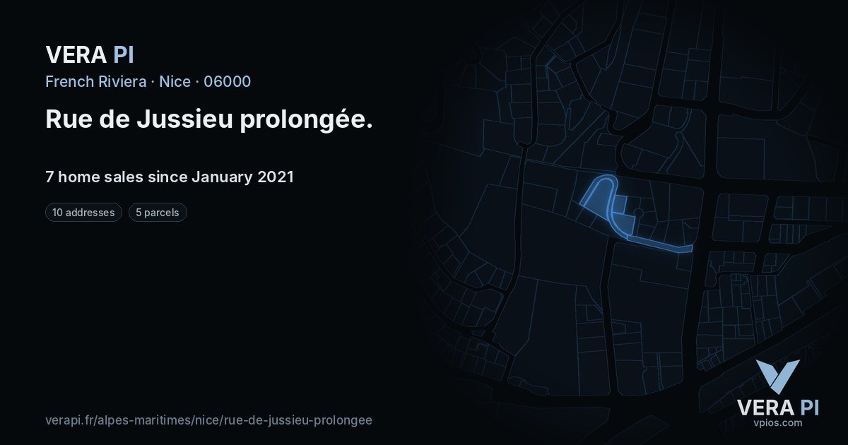Rue de Jussieu prolongée, Nice at night – every parcel coloured by the prices around it, the street's own parcels lit