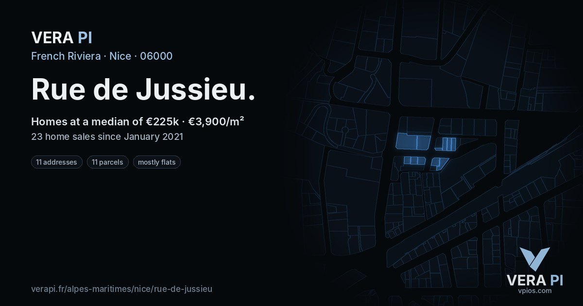 Rue de Jussieu, Nice at night – every parcel coloured by the prices around it, the street's own parcels lit
