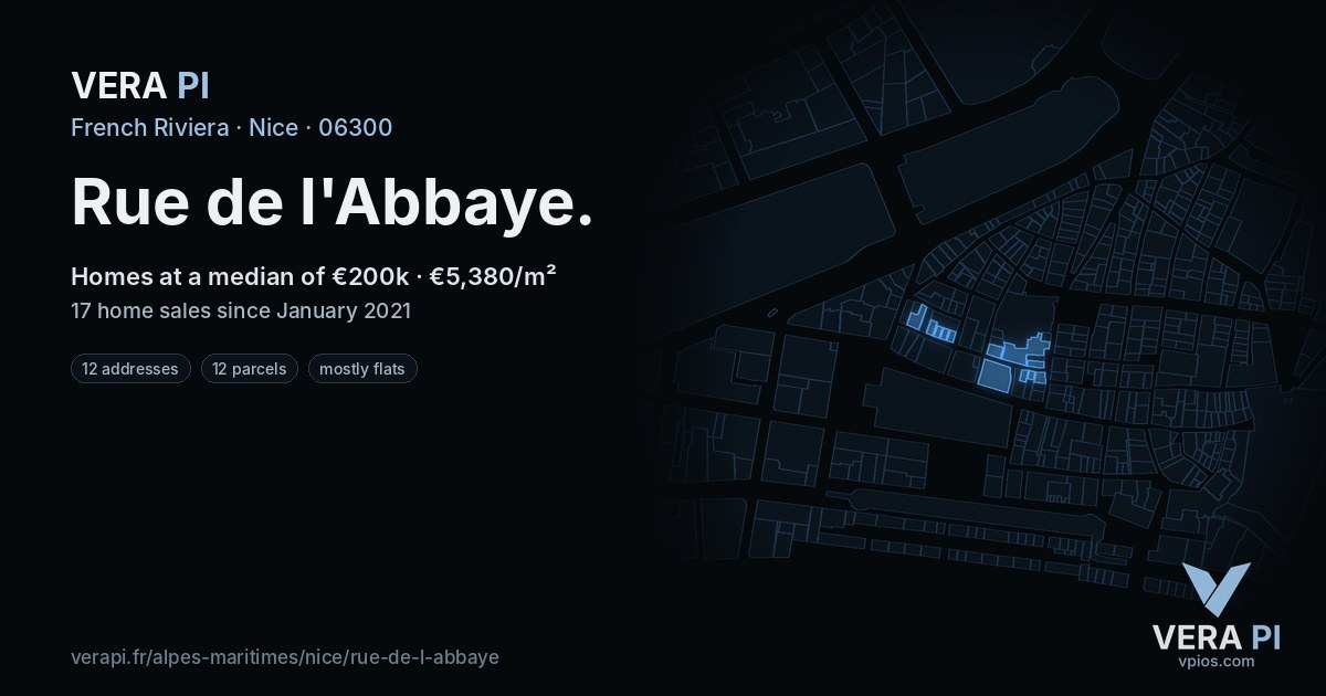 Rue de l'Abbaye, Nice at night – every parcel coloured by the prices around it, the street's own parcels lit