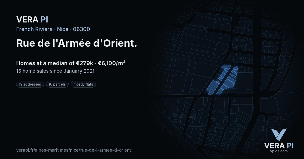 Rue de l'Armée d'Orient, Nice at night – every parcel coloured by the prices around it, the street's own parcels lit