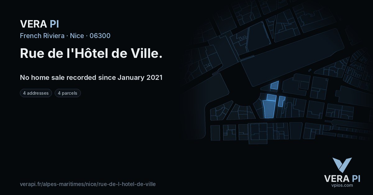 Rue de l'Hôtel de Ville, Nice at night – every parcel coloured by the prices around it, the street's own parcels lit