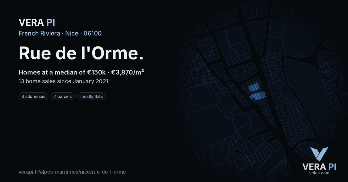 Rue de l'Orme, Nice at night – every parcel coloured by the prices around it, the street's own parcels lit