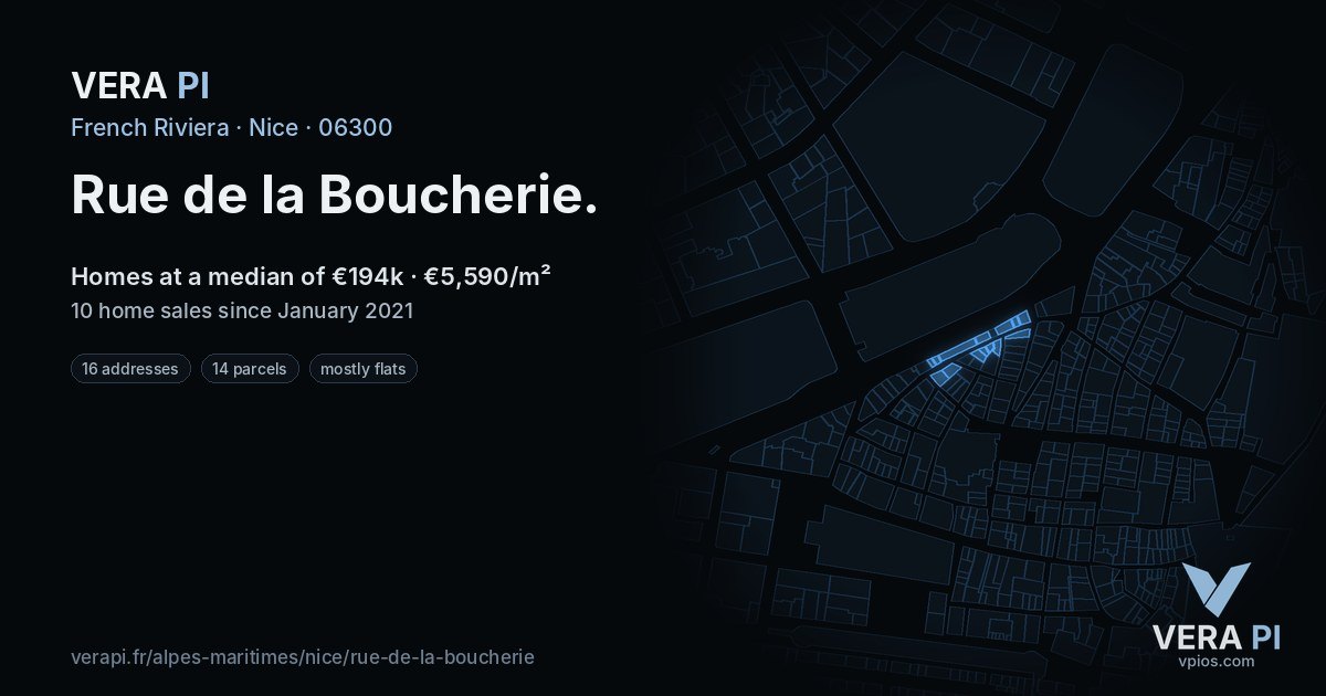 Rue de la Boucherie, Nice at night – every parcel coloured by the prices around it, the street's own parcels lit